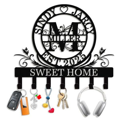 Personalized Monogram Key Holder for Wall, Custom Family Name Hooks | Monogram name design with rust-resistant metal, free hardware, ideal for new home, wedding, couples and housewarming - color: Monogram