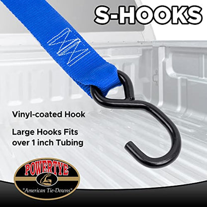 1.5in x 5.5ft Cam Buckle Tie-Downs w/S-Hooks - 600 lb. WLL / 1,800 lb. Breaking Strength - Made in USA - Blue (Pair) - color: Blue