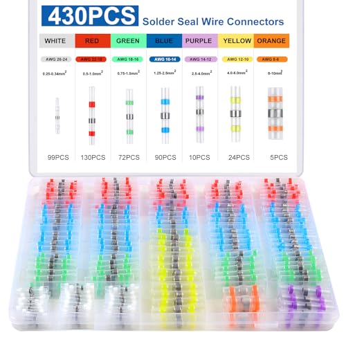 430PCS Solder Seal Wire Connectors, Durable Heat Shrink Butt Wire Connector, Cooclensportey Solder Stick Wire connectors for Motorcycle, Automotive, Marine with Anticorrosion and Waterproof