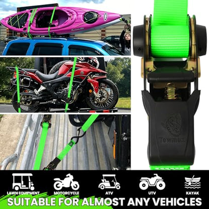 Ratchet Straps Medium Duty 4 Pack -1 Inch x 15 Feet (2,100LB Break Strength)- Motorcycle Tie Down Straps -Soft Loops Tie Downs- Ratchet Tie Down Set for Powersports, Motorcycle or Moving Cargo - style: Green,1"x15',2100lb