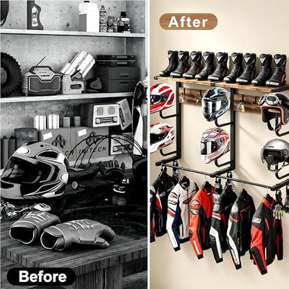 Motorcycle Helmet Holder Wall Mount, Motorcycle Gear Rack with 6 Hat Stands, Helmet Stand for Most Helmet and Clothes, Sturdy Construction Storage Organizer for Garages or Indoor