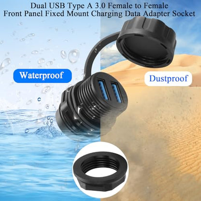 QIANRENON Dual USB3.0 Threaded Fixed Waterproof Connector 5Gbps Dual USB 3.0 Female to Female Bulkhead Mount Adapter 2 USB Port Front Panel Mount Socket 5V1.5A IP68, for Extend 2 USB Port