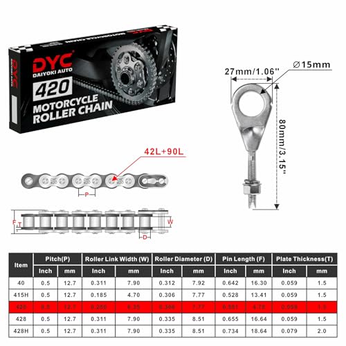 DYC 420 Mini Bike Chain Kit - Front 42 & Rear 90 Link Roller Chain with Adjuster for Coleman CT200U/CT200U-EX/BT200X, Baja Warrior MB200/MB165, Massimo, Predator 212 196cc/200cc 6.5HP (ATV/Dirt Bike) - size: 420-90+42 Links