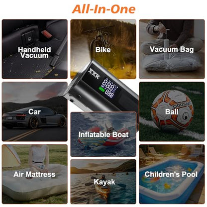 Tire Inflator Portable Air Compressor,2000A Battery Car Jump Starter, Auto Shut-Off,160PSI Air Pump with Tire Gauge Pressure&LED Light,15000PA Vacuum with Suction &Blow, for Cars, Motorcycles, Balls