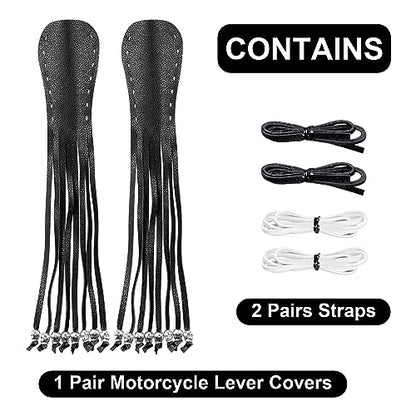 Motorcycle Lever Cover PU Leather Fringed Brake Clutch Covers Universal Grip Tassels Motorcycle Handlebar Covers with Skull Beads - color: Black with White Strap