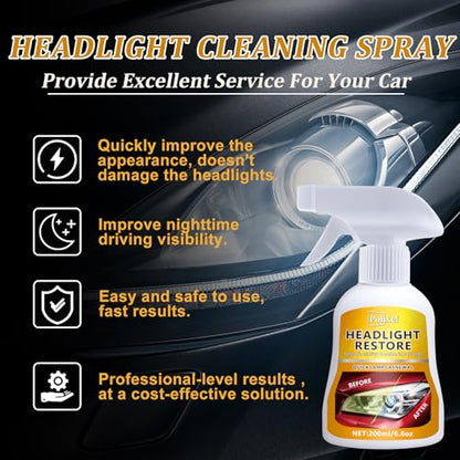 Headlight Cleaner Spray Headlight Restoration Kit for Yellowed, Foggy & Oxidized Headlights Instant Restoration Restores Crystal Clear Clarity Safe for Cars, Trucks, SUVs & Motorcycles