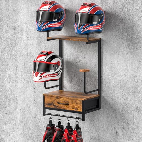 Motorcycle Helmet Holder Wall Mount, Solid Wood and Metal Helmet Rac, Motorcycle Accessories Gear Storage Organizer for Entryway or Garage - color: Retro Brown