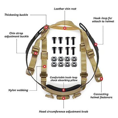 Tactical Helmet Chin Strap Adjustable Dial 4 Points Suspension System with Bolts and Screws for Tactical Fast MICH Bump Helmet Accessory - color: Style 2- Khaki