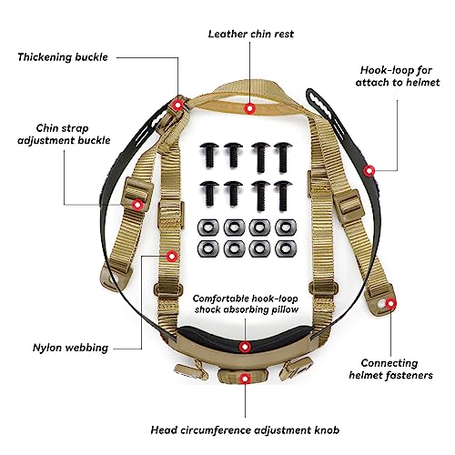 Tactical Helmet Chin Strap Adjustable Dial 4 Points Suspension System with Bolts and Screws for Tactical Fast MICH Bump Helmet Accessory - color: Style 2- Khaki