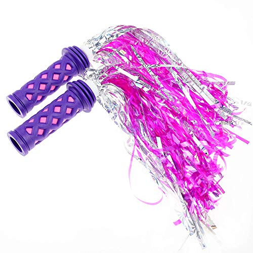 SAPLIZE Kids Bike Handlebar Grips, Shorter Length(4.13"), for Kids Girls Boys Bikes, Balance Bikes, Road Bikes and Scooters, Soft and Comfortable - color: Purple, Shorter Size, with Pink Silver Streamers