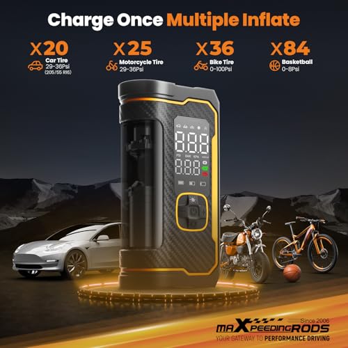 maXpeedingrods 150PSI Tire Inflator Portable Air Compressor 12V DC/AC, Auto Shut-off, Digital Gauge, 4X Faster Inflation Professional Cordless Car Tire Pump for Car, Bike, Motorcycle, Ball