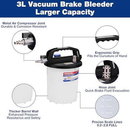 WORKPRO 3L Vacuum Brake Bleeder Kit, Pneumatic Brake Bleeder for One Person, with 1L Brake Fluid Refill Bottle, 22 Adapters, Air Coupler & Gloves, Brake Bleeding Tool for Various Vehicles, Motorcycles