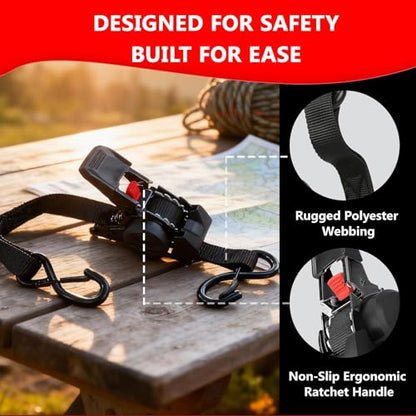 Retractable Ratchet Straps (4 Pack) - 1" x10 ft Heavy Duty with Auto Retract, Safety Lock Hooks & 1650 lb - Soft Loops + Bungee Cords for Truck, Trailer, Motorcycle, ATV, UTV, Moving
