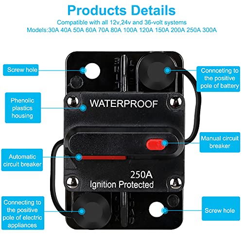 Generic 250 Amp Waterproof Circuit Breaker,with Manual Reset,12V-48V DC,30A-300A,for Car Marine Trolling Motors Boat ATV Manual Power Protect Audio System Current Overload Protection - color: WE250A