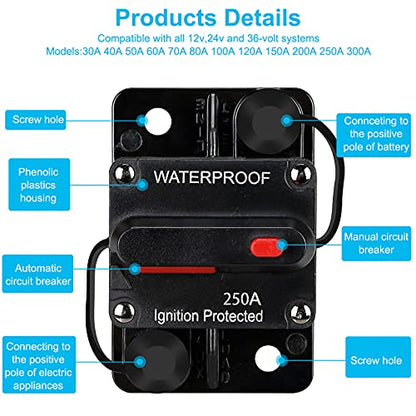 Generic 250 Amp Waterproof Circuit Breaker,with Manual Reset,12V-48V DC,30A-300A,for Car Marine Trolling Motors Boat ATV Manual Power Protect Audio System Current Overload Protection - color: WE250A