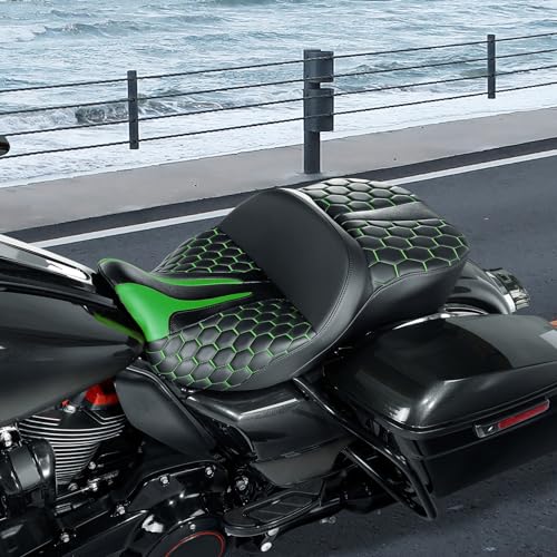 SLMOTO Gel 2 Up Rider Driver&Passenger Seat Fit for Harley Touring Road King Glide Street Glide Electra Glide 2009-2023 Green - color: Gel Style A Green
