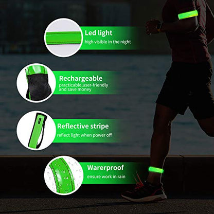 2 Pack Rechargeable LED Reflective Armband, High Brightness High Visibility Night Safety Light Band, Wearable Flashing LED Gear for Running, Walking, Biking and Outdoor Activities - color: green