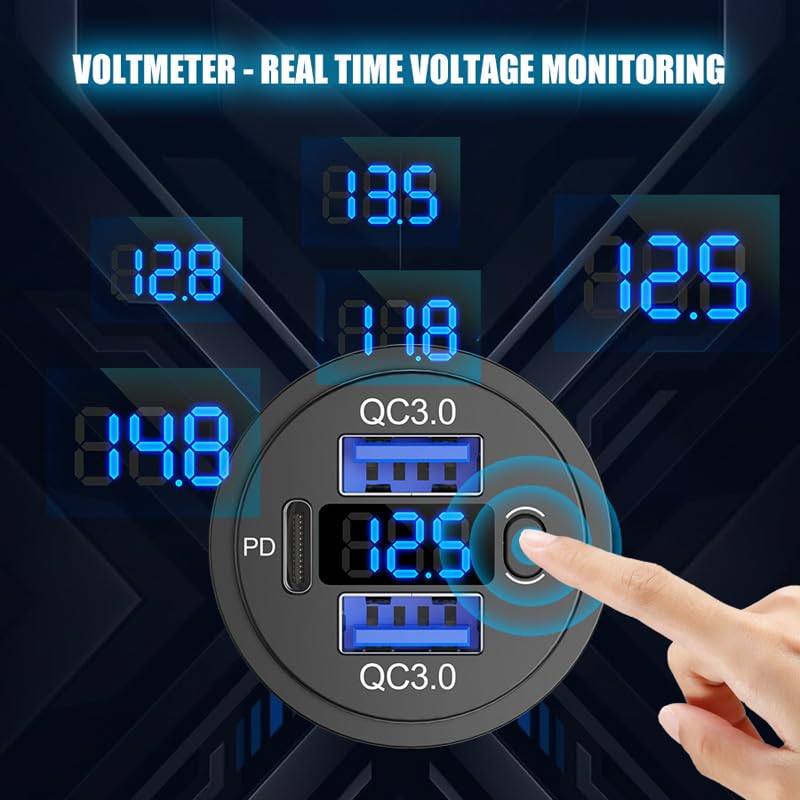 12V USB C Outlet Marine USB Charging Port for Car, Dual Quick Charge 3.0 & PD 3.0 Car Charger Socket with Button Switch and Voltmeter, Cigarette Lighter Replacement DIY Kit for 12V/24V Vehicles - color: 1 pack