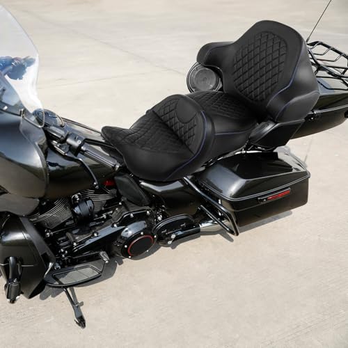SLMOTO Gel Hammock Seat + Passenger Backrest Fit for Harley Touring Road King Glide Street Glide Electra Glide 2014-2023 Black Blue Motorcycle 2 Up Rider Driver Seat Passenger Pad Sissy Bar - color: Gel Style B Blue Seat + Backrest