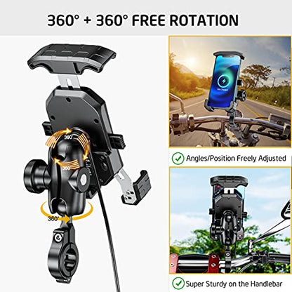 iMESTOU Anti-Theft Motorcycle Wireless Phone Mount Charger 15W & USB C 3A Handlebar 1" Ball Phone Holder Works with 12V/24V Vehicle/USB A Socket 720 Rotation Quick Charge for 4.0-7.0" Cellphones - style: Double Socket Arm-Wireless & USB C Charge