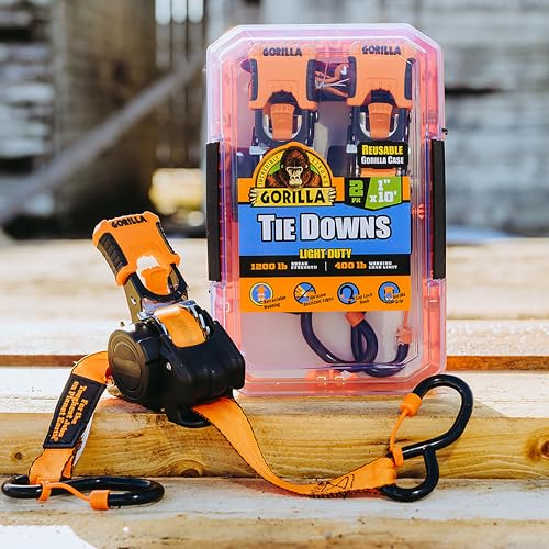 Gorilla Ratchet Tie Down Straps (2Pack) 1in x 10ft 1200lb Break Strength, Self-Locking Retractable, Heavy-Duty Orange Webbing, Gorilla-Grip Handles, Cap Locks, E-Coated Ratchets, Vinyl Hooks for Cargo - style: 1in x 10ft - 1,200lb Break (Pack of 2)