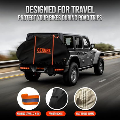 Heavy-Duty 600D, 1-2 Bikes Bike Cover Transport on Rack - Accident Proof Reflective Design Bike-Covers for 2 Bikes on Rear Bike Rack Ultra Waterproof Ebike Cover - size: 82x38x47 inches (Transport)