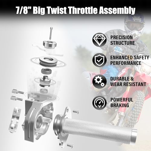 Universal 7/8" Big Twist Throttle Assembly, Dual Push-Pull Cable with Transparent Window for 110-650cc Dirt Pit Bike, Motocross, ATV & Quad, CNC Aluminum Quick Twister Throttle Grip (Silver) - color: Silver