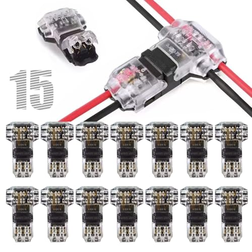 15pcs T Tap 2 Pin Low Voltage Wire Connectors, Quick Solderless T Type LED Connector for 18-22 AWG Wires, No Wire Stripping 3 Way 2-Pin Low Voltage Wire Splice Connectors for LED Light Strip - color: Black-T 2PIN 15Pcs