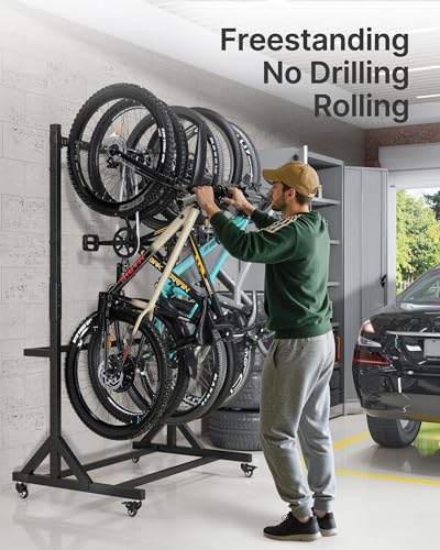 monTEK Freestanding Bike Storage Rack for 5 Bikes, Heavy Duty 350LBS Vertical Bike Stand with 5 Bike Hooks & 6 Helmet Hooks, Indoor and Outdoor Bike Storage Rack with Locking Casters - size: 5 Bike Rack