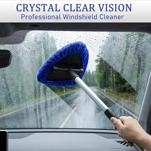 Car Windshield Cleaner Tool (2-Pack) with Extendable Handle, Inside Auto Window Glass Cleaning Kit with 8 Washable Microfiber Pads & Spray Bottle, Streak-Free Defogger Wand for Deep Dashboards