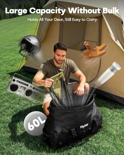 60L Waterproof Duffel Bag Motorcycle Dry Bag Backpack, Heavy-Duty Roll-Top Waterproof Bag with Sealed Seams & Waterproof Zipper for Riding, Kayaking, Camping & Travel (Black) - color: Black