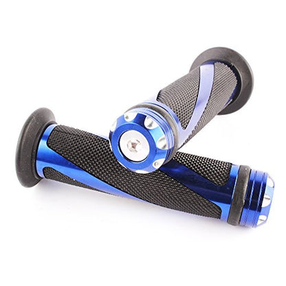 Pair of 7/8" 22mm Motorcycle CNC Aluminum Rubber Gel Hand Grips Handlebar for Sports Bike Chopper Cruiser Bike - color: Blue with Bar End