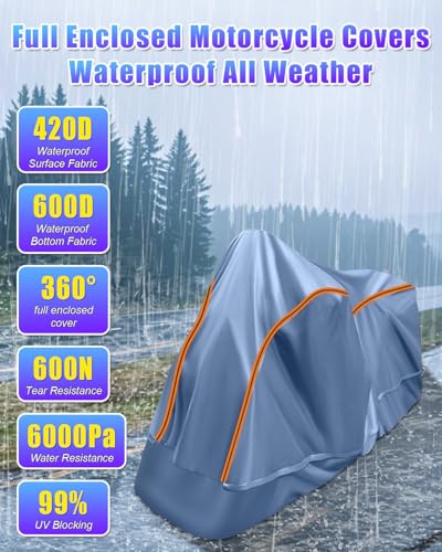 Full Enclosed Motorcycle Cover Waterproof Outdoor/Indoor Storage Waterproof Motorcycle Cover Heavy Duty Fits Cruiser/Dirtbike/Touring Motorcycles Length up to 108" with Reflective Strips - size: 3.(3XL)108"Lx45"Wx59"H