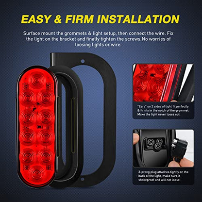 Nilight 6Inch Oval Trailer Tail Light with Flush Mount Grommets Plugs w/Mounting Brackets 2PCS Red Waterproof Stop Brake Turn Lights for RV Truck - color: 2Pcs Trailer Lights+Brackets