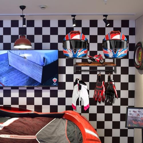 Hat Rack Wall Mount - Hat Holder Wall Hanger - Organizer with 4 Clips, Safety Hanger Display Stand, Wooden Storage Rack for Jacket, Gloves, Motorcycle Accessories
