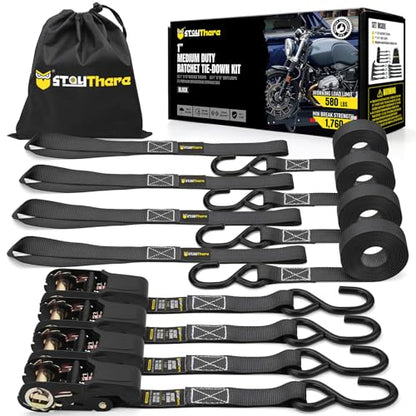 Stay There Ratchet Tie Down Straps 1'' x15', Ratchet Straps with S Hook - 1760lb Break Strength for Securing Motorcycle, Kayak, Truck with Rubber Handles, A Sturdy Bonus Bag & 4 Soft Loops Included - color: Black