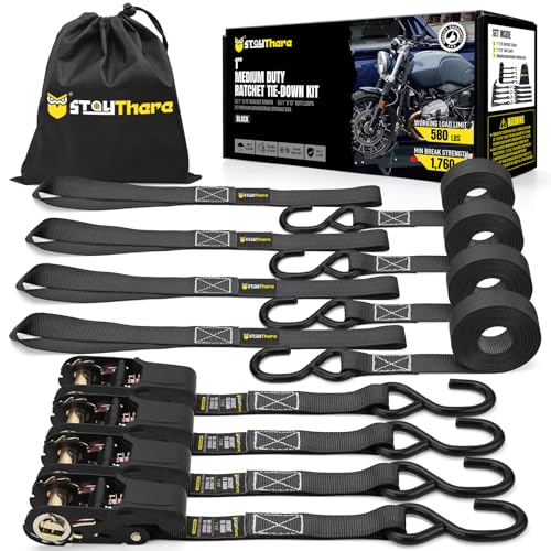 Stay There Ratchet Tie Down Straps 1'' x15', Ratchet Straps with S Hook - 1760lb Break Strength for Securing Motorcycle, Kayak, Truck with Rubber Handles, A Sturdy Bonus Bag & 4 Soft Loops Included - color: Black