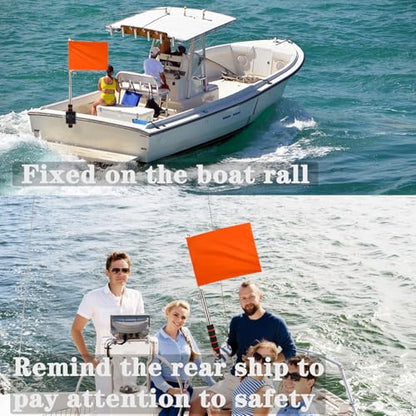 Orange Boat Flag 12" x 18" Floating Boat Flag Pole Kit Water Ski Boat Safety Flag Boating Tow Flag with 79" Metal Retractable Boat Safety Flagpole and Fix Base for Kayak Wakeboarding Watersports