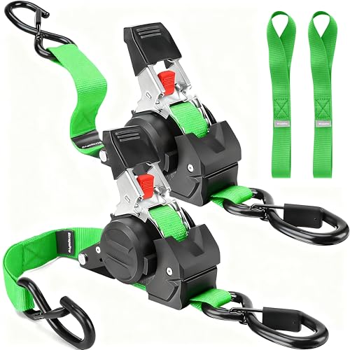 Retractable Ratchet Straps, 1763lb Break Strength Green Self Retracting Ratchet Straps Heavy Duty with Soft Loops, 1'' x 10FT Auto Tie Down Straps Easy Retract for Motorcycle, Truck, Cargo, 2 Pack - color: Green, size: 1" x 10FT - Retractable - 2 Pack