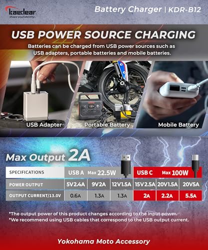 KAEDEAR Motorcycle Smart Battery Charger, USB Input, Mobile Battery Compatible, 12V, 2A, Maintenance Charging Function, Prevent Battery Damages, Perfect for Winter Storage, No Outlet Needed, KDR-B12