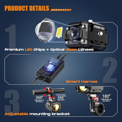 Future Eyes LED Motorcycle Fog Lights, 360° Adjustable Auxiliary Lights, Waterproof Off-Road Driving Light for Night Riding, Amber/White High & Low Beam, Compatible with Motorcycles, ATVs, and UTVs