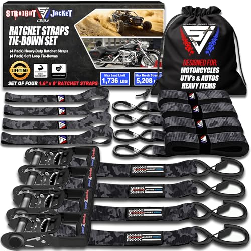 Ratchet Straps Tie Down Kit Incl. (4) Heavy Duty Rachet Tiedowns (1.6" x 8') with Coated S Hooks + (4) Soft Loop Tie-Downs (17") - 5,208 Total Break Strength by Straight Jacket Crew (Black Camo) - color: Black Camo, size: 1.6" x 8'