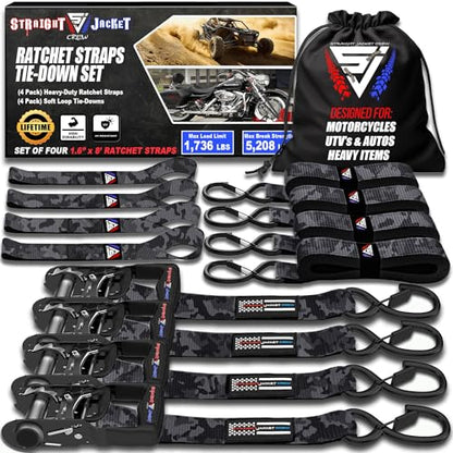 Ratchet Straps Tie Down Kit Incl. (4) Heavy Duty Rachet Tiedowns (1.6" x 8') with Coated S Hooks + (4) Soft Loop Tie-Downs (17") - 5,208 Total Break Strength by Straight Jacket Crew (Black Camo) - color: Black Camo, size: 1.6" x 8'