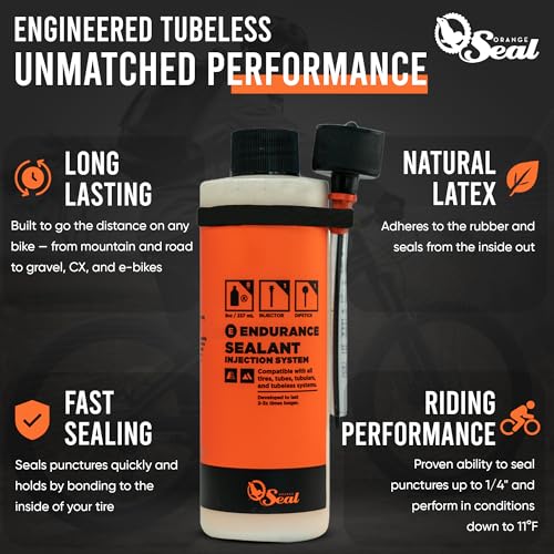 Orange Seal - Endurance Formula Tubeless Bike Tire Sealant | Long Lasting, Fast Sealing | for MTB, Road, CX and Gravel Bicycle Tires - style: 8oz w/Injector