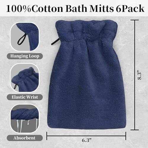 VOOVA & MOVAS 6-Pack Bath Mitts for Shower, 100% Cotton Soft Absorbent Wash Cloths with Hanging Loop, 8.3x6.3 Inch European Style Bathing Gloves for Body & Spa, Navy - color: Navy