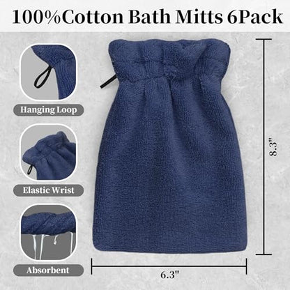 VOOVA & MOVAS 6-Pack Bath Mitts for Shower, 100% Cotton Soft Absorbent Wash Cloths with Hanging Loop, 8.3x6.3 Inch European Style Bathing Gloves for Body & Spa, Navy - color: Navy