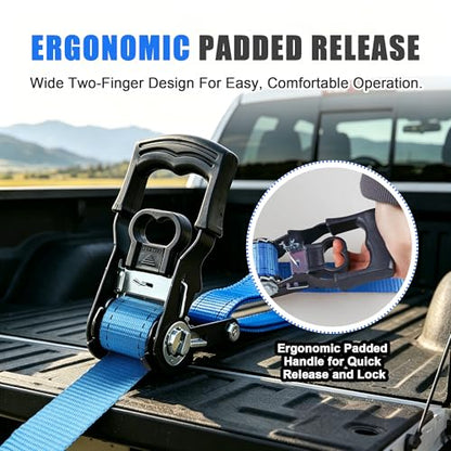 AWELCRAFT Ratchet Straps(4 Pack),3300lb Breaking Strength,1.5in×10ft Heavy Duty Tie Down Ratcheting with Padded Handles,Double J Hooks & 4 Soft Loops for Trailer,Trucks,Motorcycle(Blue) - color: Blue