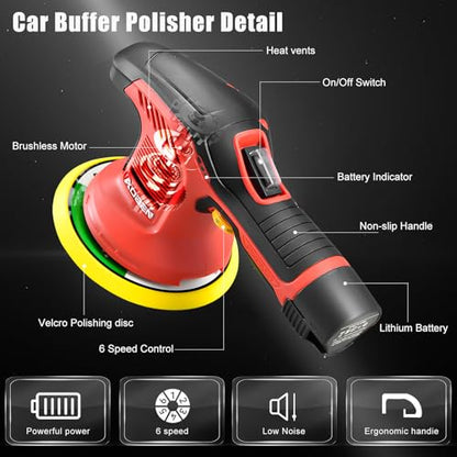 AOBEN Cordless Car Polisher,6 Inch Car buffer Waxer Kit with 3X2000mAh Batteries,6 Variable Speed &10 Polishing Pads,Brushless Cordless Polisher for Car Detailing/Waxing/Polishing/Scratch Removing