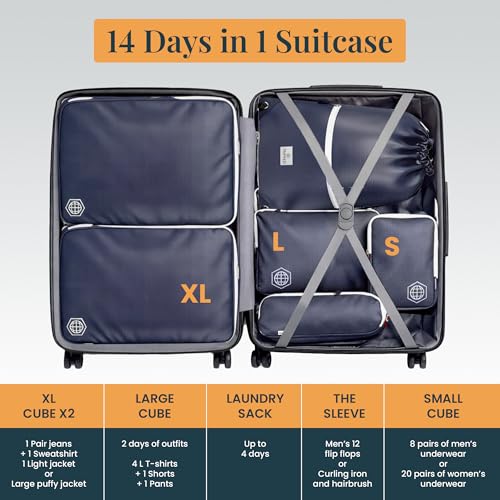 Extra Large Compression Packing Cube 6 Piece Set for Travel and Check Luggage by TRIPPED Travel Gear - color: Navy Blue