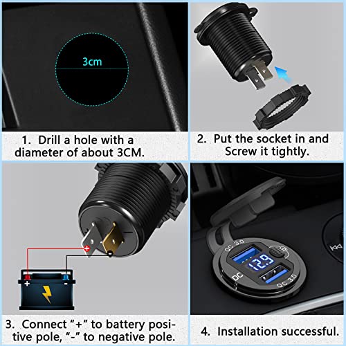 [Metal Shell] 12V USB Outlet Dual QC 3.0: Qidoe Aluminum Socket 12 Volt Motorcycle USB Outlet with LED Voltmeter Button Switch Waterproof 12 V Car Charger for Boat Marine Moto RV Golf Cart
